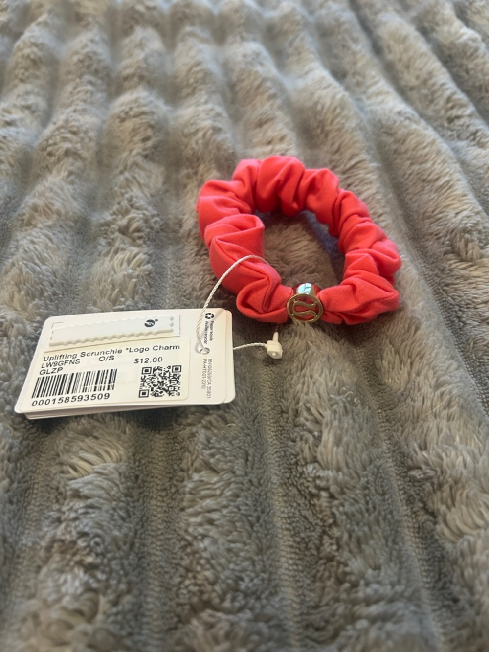 Lululemon Uplifting Pink Logo Charm Scrunchie - Gold Hardware - NWT